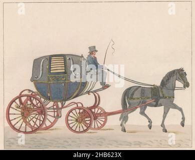 Pferdekutsche in Amsterdam, ca. 1825, an Amsterdamsche Huurkoetsje or Brommertje, UN Fiacre de Louage en usage à Amsterdam A ij connu sous la nom de Brommertje (Titel auf Objekt), a Amsterdam carriage called a 'Brommertje', ca. 1825. Teil einer Plattenarbeit von c. 1824-1825 mit 74 (unnummerierten) Tafeln der wichtigsten topographischen Ansichten und verschiedenen Bräuchen im Vereinigten Königreich der Niederlande., Druckerei: Roelof van der Meulen, Verlag: Evert Maaskamp (Objektverschrift), Druckerei: Niederlande, Verlag: Amsterdam, 1824 - 1830, Papier, Ätzung, Höhe 187 mm × Breite 228 Stockfoto