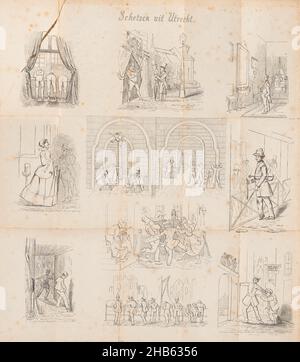 Karikatur im Utrechtse Studentenalmanak, 1857, Schetsen uit Utrecht (Titel auf Objekt), Blatt mit elf Darstellungen des Studentenlebens. Zentrale zwei Gesichter in der Universitätsbibliothek Utrecht. Karikatur im Almanach der Universität Utrecht, 1857., Druckerei: Anonym, Verlag: J.G. Broese, Druckerei: Niederlande, Verlag: Utrecht, 1857, Papier, Höhe 493 mm × Breite 435 mm Stockfoto