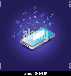 Internet der Dinge Mockup. Isometrisches Smartphone-Konzept mit Online-Diensten und Anwendungen. Unbegrenzte Online-Shopping-Möglichkeiten Stock Vektor