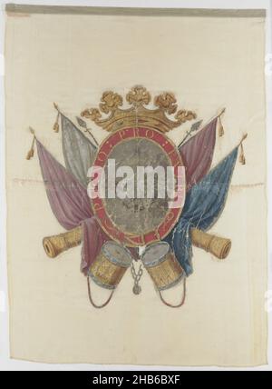 Banner des Regiments der Holländischen Garde zu Fuß, Ecru, in der Mitte das vollständige Wappen von Oranien-Nassau, wie es von Wilhelm IV. Und Wilhelm V. geführt wurde, umgeben vom Orden des Garters, bedeckt mit einer Königskrone. Das ganze wird auf eine Trophäe aus Kanonen, Bögen, Lanzen, Trommeln, Bannern usw. gelegt. Um sie herum zwei gebogene Zweige, die unten durch ein orangefarbenes Band zusammengehalten werden. In der unteren Ecke auf der Stockseite und der Oberseite des Fluges ein kleiner Arm mit einem Schulterblatt, auf dem (im oberen Teil des Fluges noch teilweise lesbar) oben auf der Schulter: PRO PATRIA. Im oberen Hals und Flugwinkel A Stockfoto