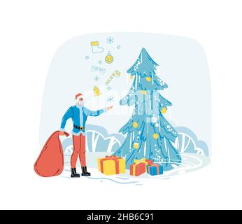 Weihnachtsmann mit Geschenksack in der Nähe des Weihnachtsbaums Stock Vektor