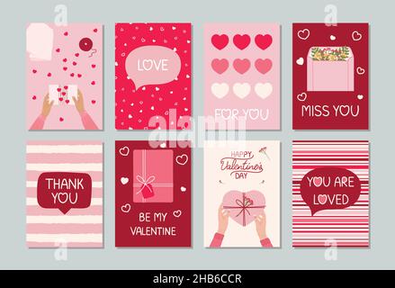 Set aus acht Valentinstagskarten mit handgeschriebenen Grußbeschriftungen, Geschenkschachteln, weiblichen Händen, Herzen. Alles Liebe zum Valentinstag Konzept. Han Stock Vektor