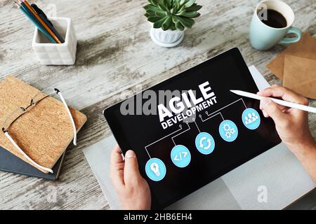 Agiles Entwicklungskonzept auf dem Bildschirm des Geräts. Stockfoto