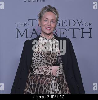 Los Angeles, USA. 17th Dez 2021. Die Schauspielerin Sharon Stone nimmt am Donnerstag, dem 16. Dezember 2021, an der Premiere des historischen Film-Thrillers „The Tragedy of Macbeth“ im DGA Theatre in Los Angeles Teil. Storyline: Ein schottischer lord wird von einem Hexentrio überzeugt, dass er der nächste König von Schottland werden wird, und seine ehrgeizige Frau unterstützt ihn bei seinen Plänen, die Macht zu ergatten. Foto von Jim Ruymen/UPI Credit: UPI/Alamy Live News Stockfoto