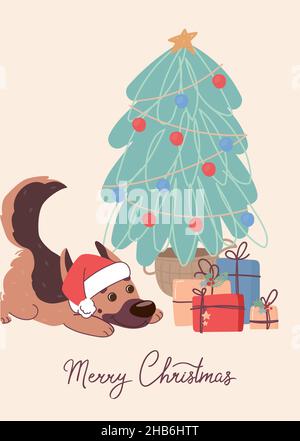 Lustige Hund Schäferhund auf weihnachtskarte. Vektor-Grußkarte im flachen Stil mit Schriftzug Frohe Weihnachten Stock Vektor