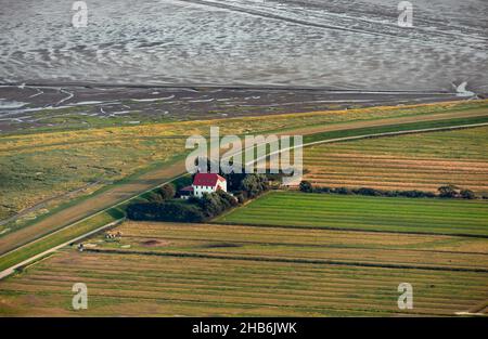 Haus auf der Insel Neuwerk, Luftaufnahme, Deutschland, Nationalpark Hamburgisches Wattenmeer Stockfoto