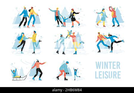 Winter Freizeit Vektor-Szene mit Menschen Skaten eingestellt Stock Vektor