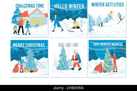 Weihnachtszeit und Winter-Aktivitäts-Kartenset Stock Vektor