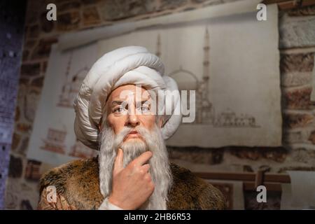 Mimar Sinan Wachsfigur im Madame Tussauds Istanbul. Mimar Sinan war der osmanische Hauptarchitekt und Bauingenieur im Osmanischen Reich. Stockfoto