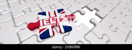 Gefaltete weiße Puzzles Elemente und eine mit Flagge des Vereinigten Königreichs mit und IELTS (International English Language Testing System) Abkürzung. 3D Abbildung Stockfoto