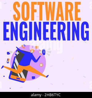 Handschrift Text Software Engineering. Unternehmensübersicht Programmentwicklung im systematischen quantifizierbaren Ansatz man Drawing Holding Megaphon Running Stockfoto