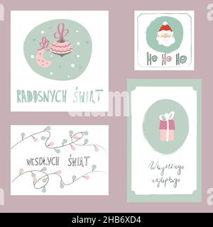 Vier polnische Weihnachtskarten mit Weihnachtswünschen Stock Vektor
