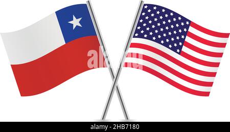 Chile und Amerika kreuzten die Flaggen. Chilenische und amerikanische Flaggen auf weißem Hintergrund. Vektorsymbol eingestellt. Vektorgrafik. Stock Vektor