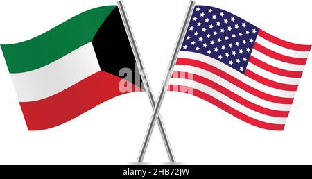 Kuwait und Amerika haben die Flagge gekreuzt. Kuwaitische und amerikanische Flaggen auf weißem Hintergrund. Symbolgruppe „Vektor“. Vektordarstellung. Stock Vektor