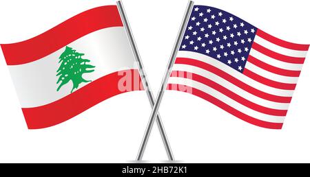 Der Libanon und Amerika haben die Flagge gekreuzt. Libanesische und amerikanische Flaggen, isoliert auf weißem Hintergrund. Symbolgruppe „Vektor“. Vektordarstellung. Stock Vektor