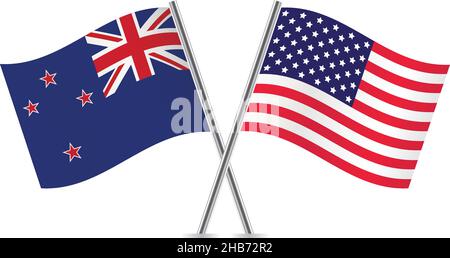 Neuseeland und Amerika kreuzten die Flagge. Neuseeländische und amerikanische Flaggen auf weißem Hintergrund. Symbolgruppe „Vektor“. Vektordarstellung. Stock Vektor