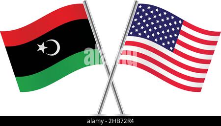 Libyen und Amerika haben die Flagge gekreuzt. Libysche und amerikanische Flaggen auf weißem Hintergrund. Symbolgruppe „Vektor“. Vektordarstellung. Stock Vektor