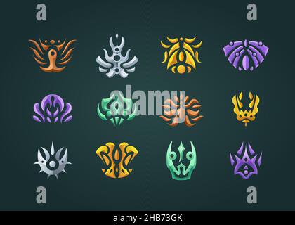 Realistische abstrakte Tribal Badges Kollektion. Hohe Qualität perfekt für Spiele. Stock Vektor