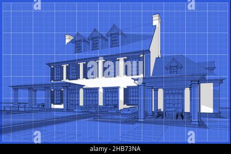 3D Rendering von modernen gemütlichen klassischen Haus im Kolonialstil mit Garage und Pool zum Verkauf oder zur Miete mit schönen Landschaftsgestaltung im Hintergrund. Schwarze Linie Stockfoto