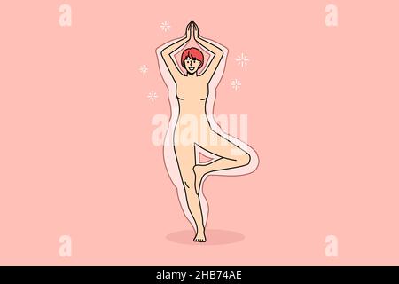 Yoga-Konzept meditieren und praktizieren. Junge lächelnde Frau stehend balanciert in Yoga Asana machen Yoga Training Gefühl Harmonie Vektor Illustration Stock Vektor