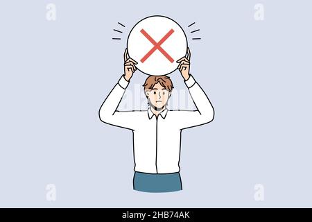 Stoppen und Ablehnen des Schilderkonzepts. Junger frustrierter ernster Mann Arbeiter, der rund rot hält und ablehnt, Stop-Zeichen in den Händen zu verweigern, Vektordarstellung Stock Vektor