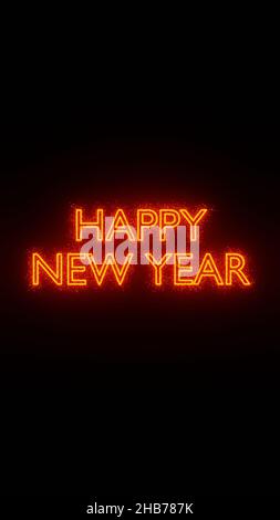 3D Illustration Grafik Telefon Hintergrund des Textes Frohes Neues Jahr mit orangen Farbpartikeln moti Stockfoto