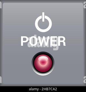 Netzschalter mit roter Anzeigeleuchte. Website-Symbol. 3D realistische Darstellung auf grauem Hintergrund. Vektor. Stock Vektor