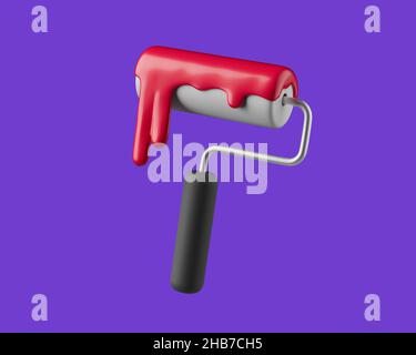 Einfache Farbwalze mit tropfender roter Farbe 3D Renderbild. Isoliertes Objekt auf violettem Hintergrund. Stockfoto