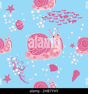 Schnecke rosa, Seebewohner nahtlose Muster, schöner Charakter zwischen Muscheln, Algen, Seesterne, Meerestiere der Tierwelt. Stock Vektor