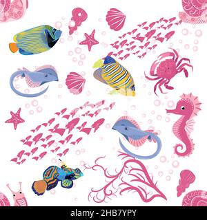 Schnecke rosa, Seebewohner nahtlose Muster, schöner Charakter zwischen Muscheln, Algen, Seesterne, Meerestiere der Tierwelt. Stock Vektor