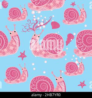 Schnecke rosa, Seebewohner nahtlose Muster, schöner Charakter zwischen Muscheln, Algen, Seesterne, Meerestiere der Tierwelt. Stock Vektor