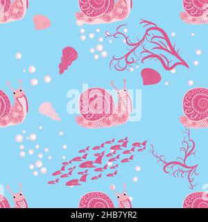 Schnecke rosa, Seebewohner nahtlose Muster, schöner Charakter zwischen Muscheln, Algen, Seesterne, Meerestiere der Tierwelt. Stock Vektor