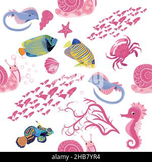 Schnecke rosa, Seebewohner nahtlose Muster, schöner Charakter zwischen Muscheln, Algen, Seesterne, Meerestiere der Tierwelt. Stock Vektor