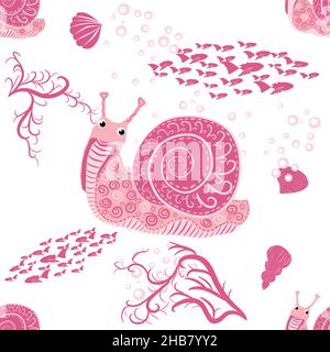 Schnecke rosa, Seebewohner nahtlose Muster, schöner Charakter zwischen Muscheln, Algen, Seesterne, Meerestiere der Tierwelt. Stock Vektor