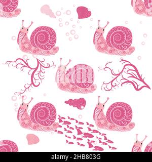 Schnecke rosa, Seebewohner nahtlose Muster, schöner Charakter zwischen Muscheln, Algen, Seesterne, Meerestiere der Tierwelt. Stock Vektor