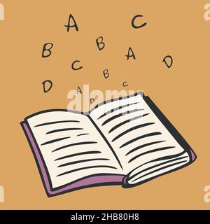 Vektordarstellung eines offenen Buches mit Buchstaben. Handgezeichnetes Buch im Cartoon-Stil. Stock Vektor