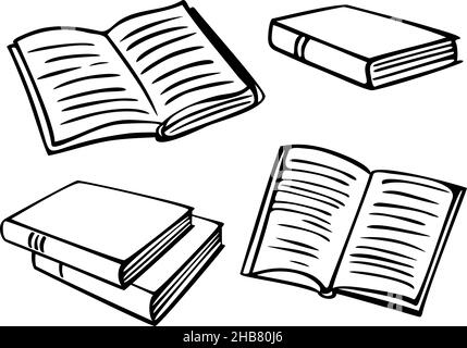 Vektorgrafik mit Sammlung von Büchern. Schwarz-Weiß offene und geschlossene Bücher. Stock Vektor