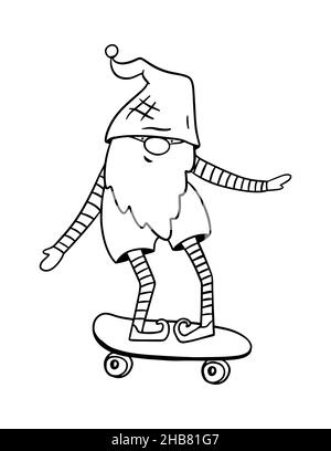 GNOME auf einer Skateboard Malseite Illustration. Umreißen Sie die moderne Illustration. Stockfoto