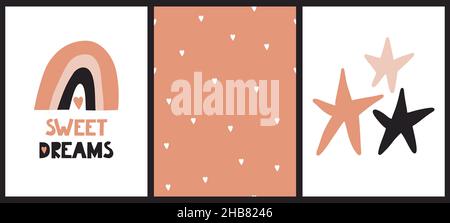 Niedliches Nahtmuster. Handgezeichnete Baby Pastell Poster mit Regenbogensternen Herzen. Vector boho Kinder Illustration für Kinderzimmer Stock Vektor