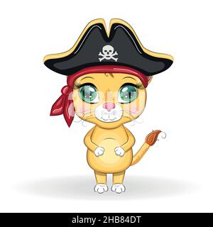 Lion Pirat, Zeichentrickfigur des Spiels, Wildtierkatze in einem Bandana und eine aufgespannte Hut mit einem Schädel, mit einem Augenfleck. Charakter mit hellen Augen Stock Vektor