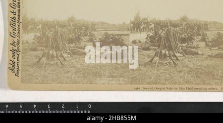 Soldaten des Freiwilligen-Regiments von Oregon während des philippinisch-amerikanischen Krieges, Second Oregon Vols, im Reisfeld warten auf Befehle. Philippinen (Titel auf Objekt), anonym, Herausgeber: William Herman Rau (auf Objekt erwähnt), Philippinen, Verlag: Philadelphia, Verlag: Philadelphia (möglicherweise), 1899 - 1913, Karton, Papier, Albumin-Print, Höhe 88 mm × Breite 178 mm Stockfoto