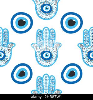 Hamsa-Auge, magisches Auge nahtloses Muster. Magie, Hexerei, okkultes Symbol. Blau weiß goldene Augen. Textil-Stofftapete Stock Vektor