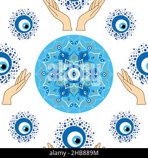 Nahtloses Muster für böse Augen. Magie, Hexerei, okkultes Symbol. Hamsa-Auge, magisches Auge, Dekorelement. Blau weiß goldene Augen. Stoff Textil Geschenkartikel wa Stock Vektor