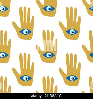 Hamsa-Auge, magisches Auge nahtloses Muster. Magie, Hexerei, okkultes Symbol. Blau weiß goldene Augen. Textil-Stofftapete Stock Vektor