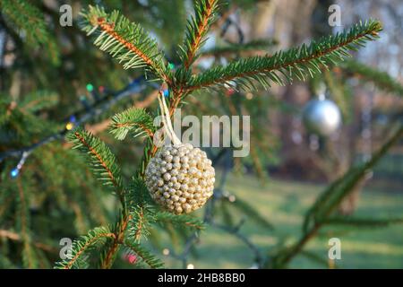 Weihnachtsbaum mit Dekoren in einer lustigen Szene an einem sonnigen Tag im Winter ohne den Schnee. Dekoriert Fichte in einem Haus Hof. Schöne silberne Kugel dazwischen Stockfoto