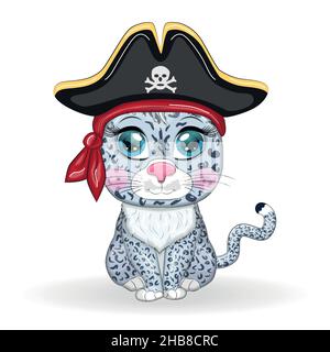 Schneeleoparden-Pirat, Cartoon-Figur des Spiels, wilde Katze in einem Bandana und ein aufgespannter Hut mit einem Schädel, mit einem Augenfleck. Charakter mit hellen Augen Stock Vektor