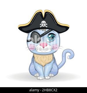 Katzenpirat, Zeichentrickfigur des Spiels, Wildtierkatze in einem Bandana und ein aufgespannter Hut mit einem Schädel, mit einem Augenfleck. Charakter mit hellen Augen i Stock Vektor
