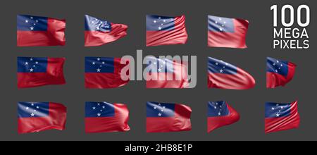 Samoa-Flagge isoliert - verschiedene realistische Darstellungen der wehenden Flagge auf grauem Hintergrund - Objekt 3D Abbildung Stockfoto