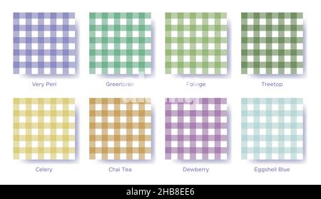 Gingham Nahtloses Muster in der Farbe von 2022 Very Peri gesetzt. Beispiel für einen Katalog von Farbfeldern in der Farbpalette. Passende Farbtöne für Modetrends - spri Stock Vektor