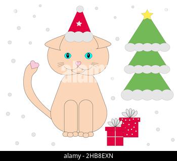 Niedliche beige Katze in einem weihnachtsmann Hut mit einem rosa Herz auf dem Schwanz und der Nase neben Neujahrsgeschenken und einem Weihnachtsbaum auf weißem Hintergrund mit fallendem Stock Vektor